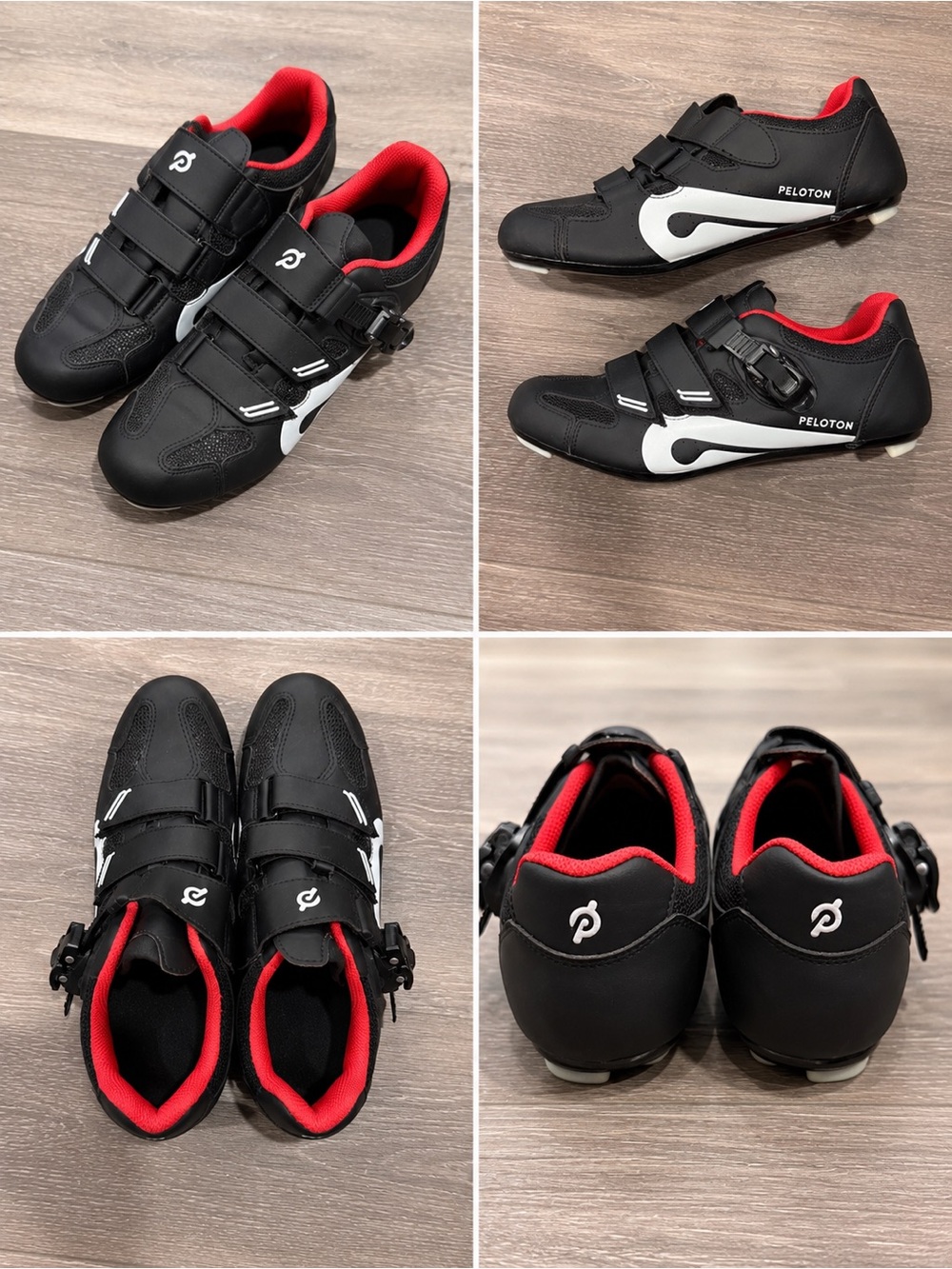 Peloton Black Cycling Shoes with White Accents and Red Lining